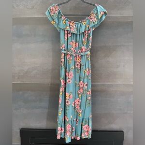 Off-Shoulder Floral Teal Ruffle Hem Midi Dress